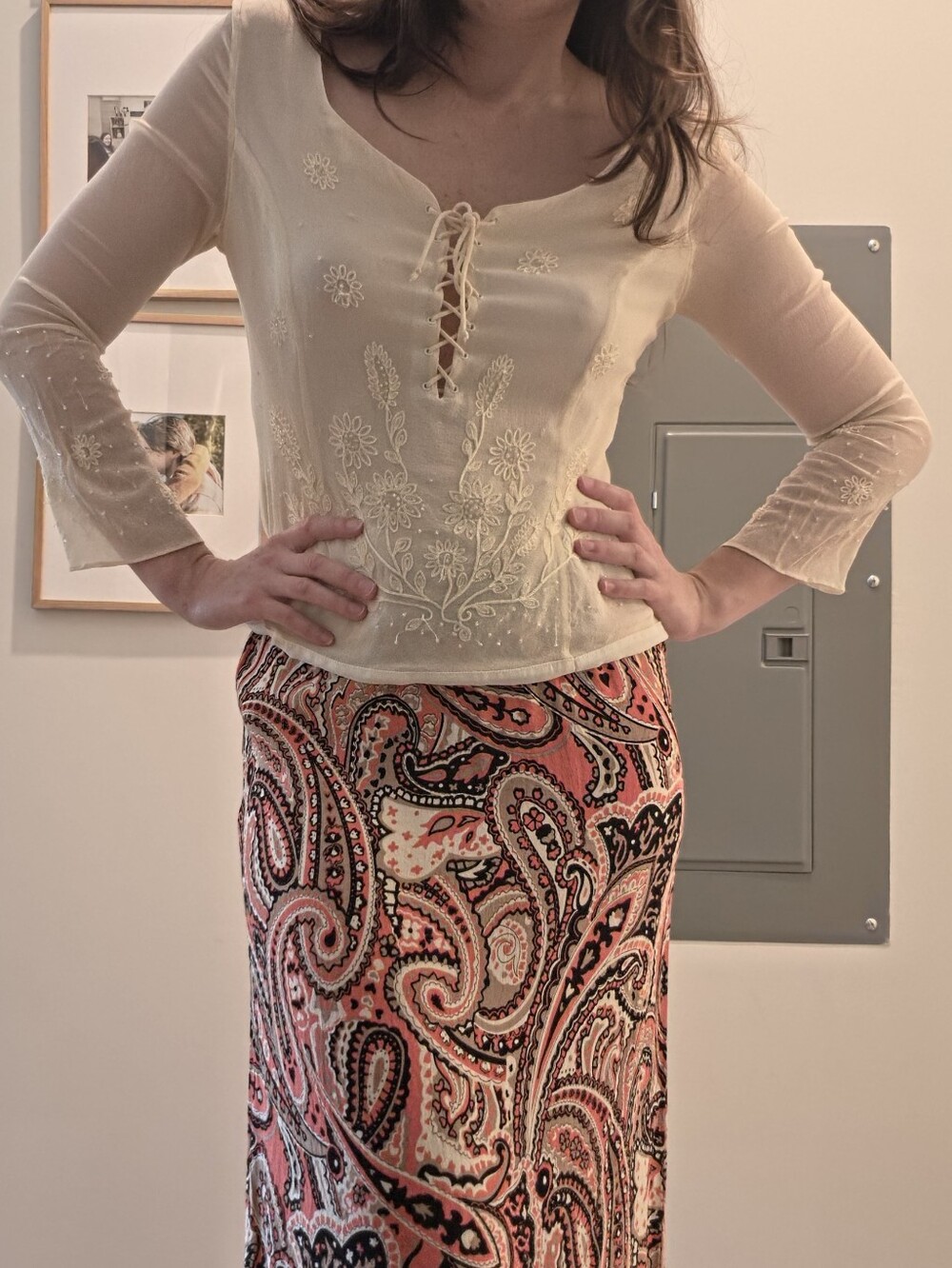 Vintage 100% Silk Ivory Embroidered Beaded Lace Up Top